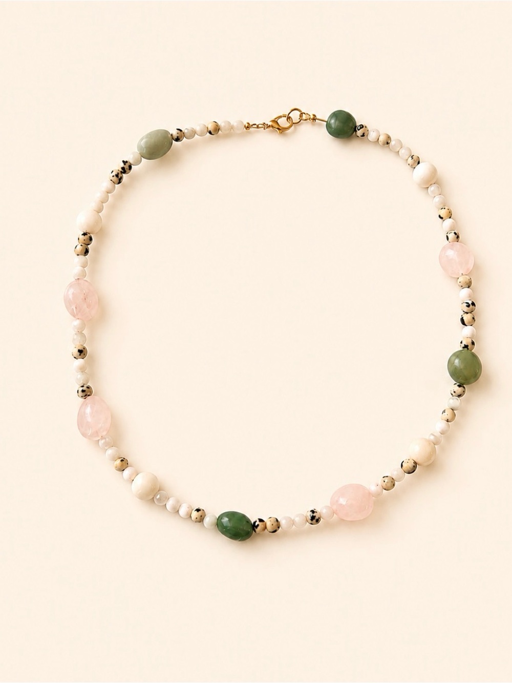 Pink and Green Beaded Necklace with Gold Accents